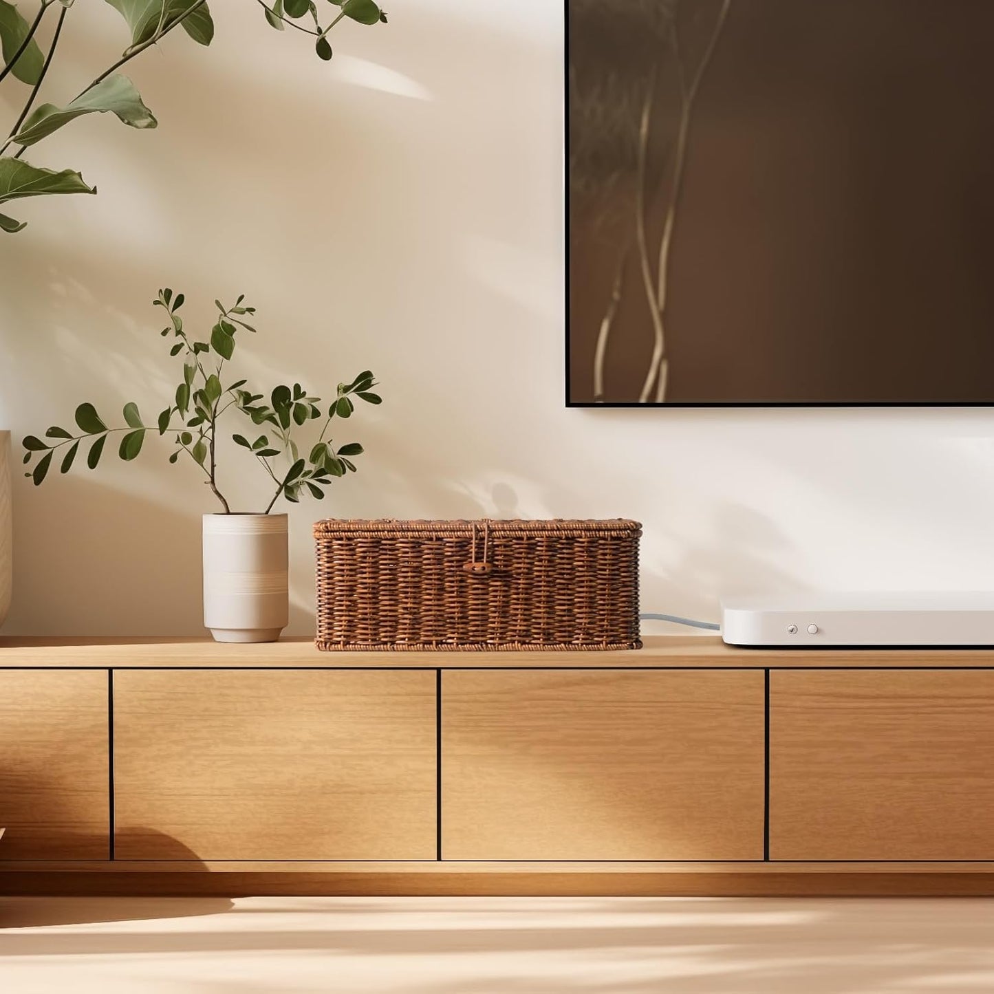 BROWNLILY Cable Management Box, Rattan Style Cord Organizer for Desk Cord Hider Outlet Covers Baby Proofing for Power Strip TV PC Router Charger Under Desk Storage with Lockable Lid and Cable Ties