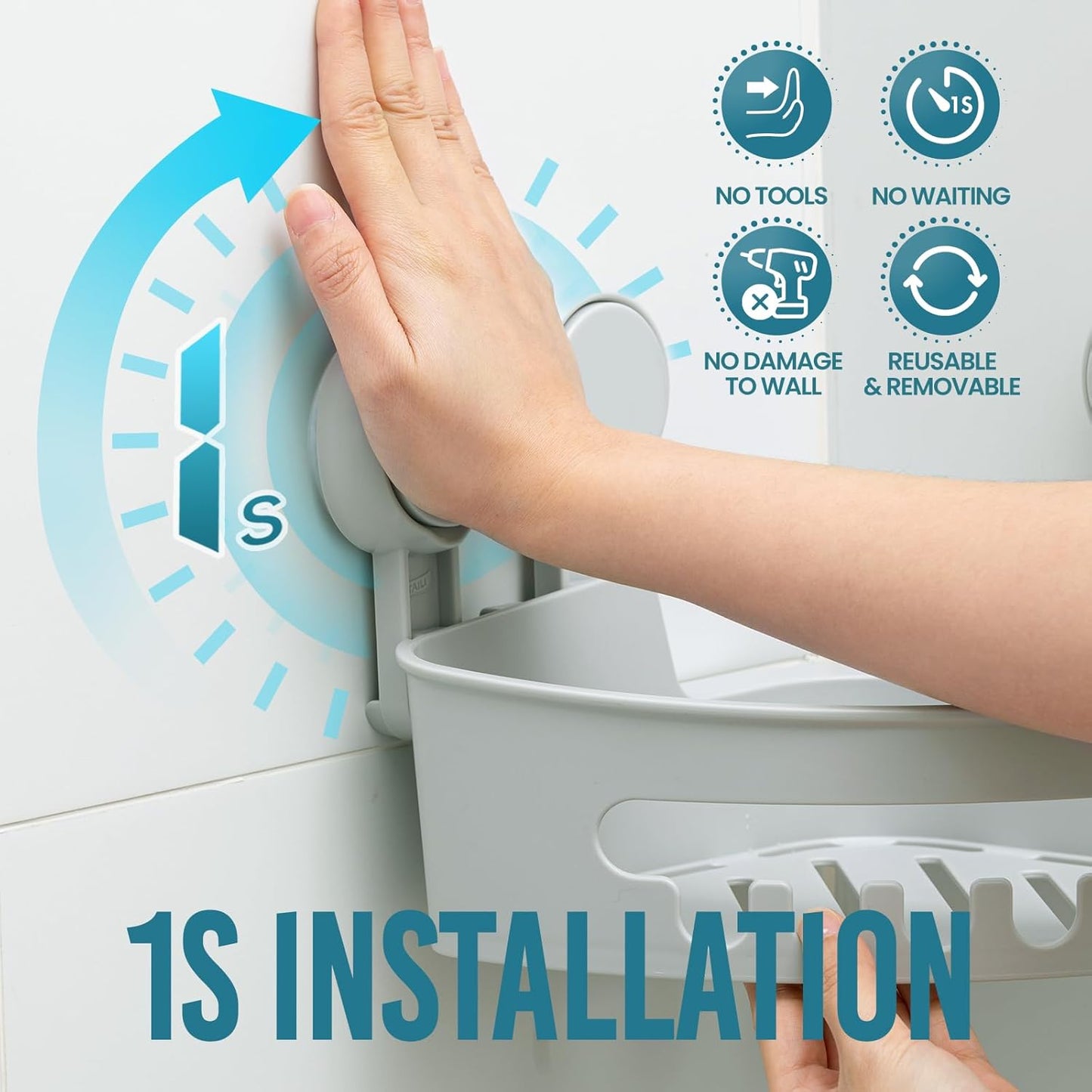 TAILI Corner Shower Caddy with Suction Cups, Wall Mounted Organizer Plastic Rack for Small Bathrooms, Kitchen, Removable Drill-Free Heavy Duty Shelf Basket, Grey