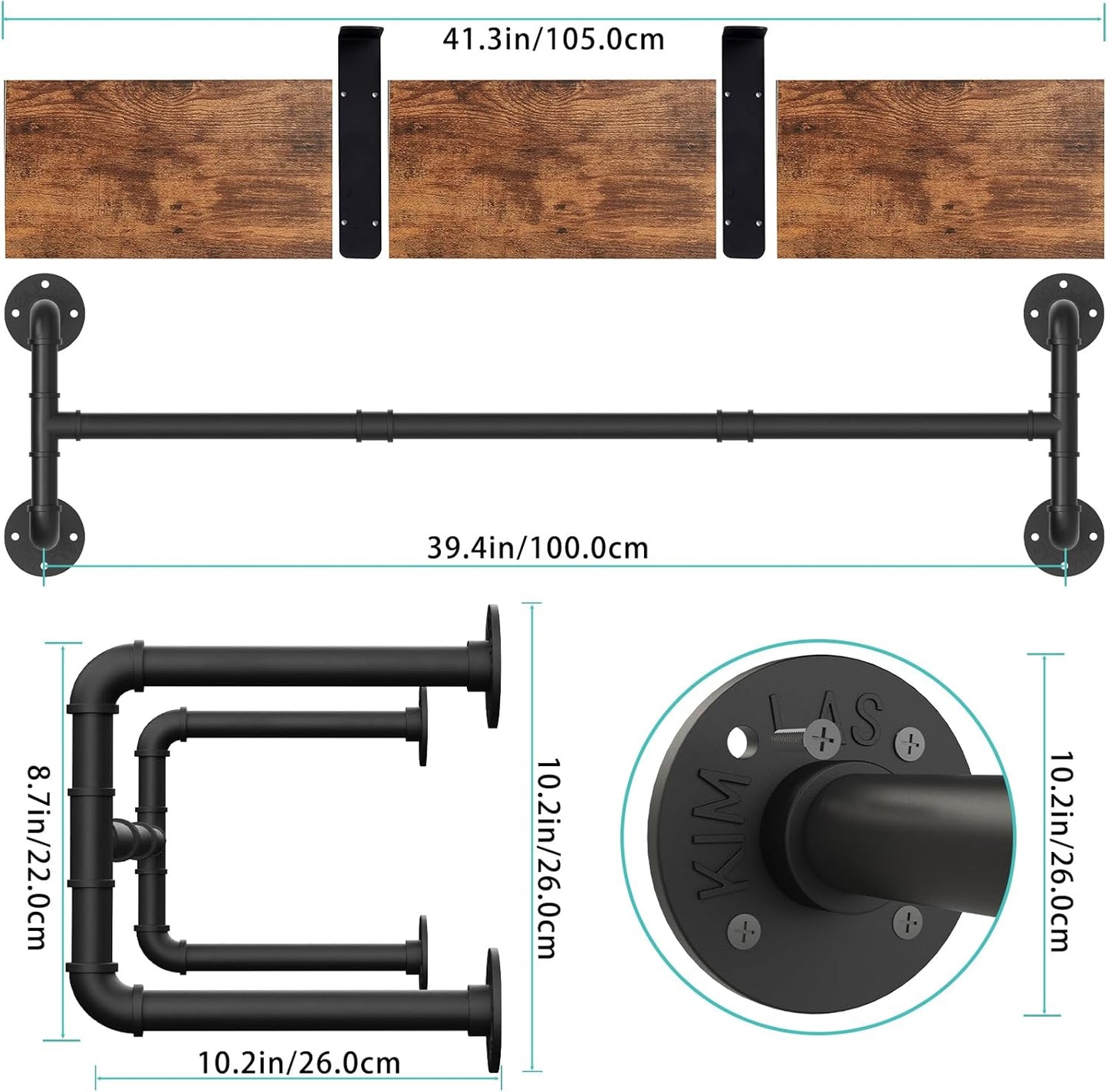 Yawinhe Industrial Pipe Clothing Rack with Shelves, Wall Mounted, Space Saving Closet Rod with 4 Bases, for Shops, Homes, 41.3''Lx10.2''Wx10.2''H, Rustic Brown, 1-Pack