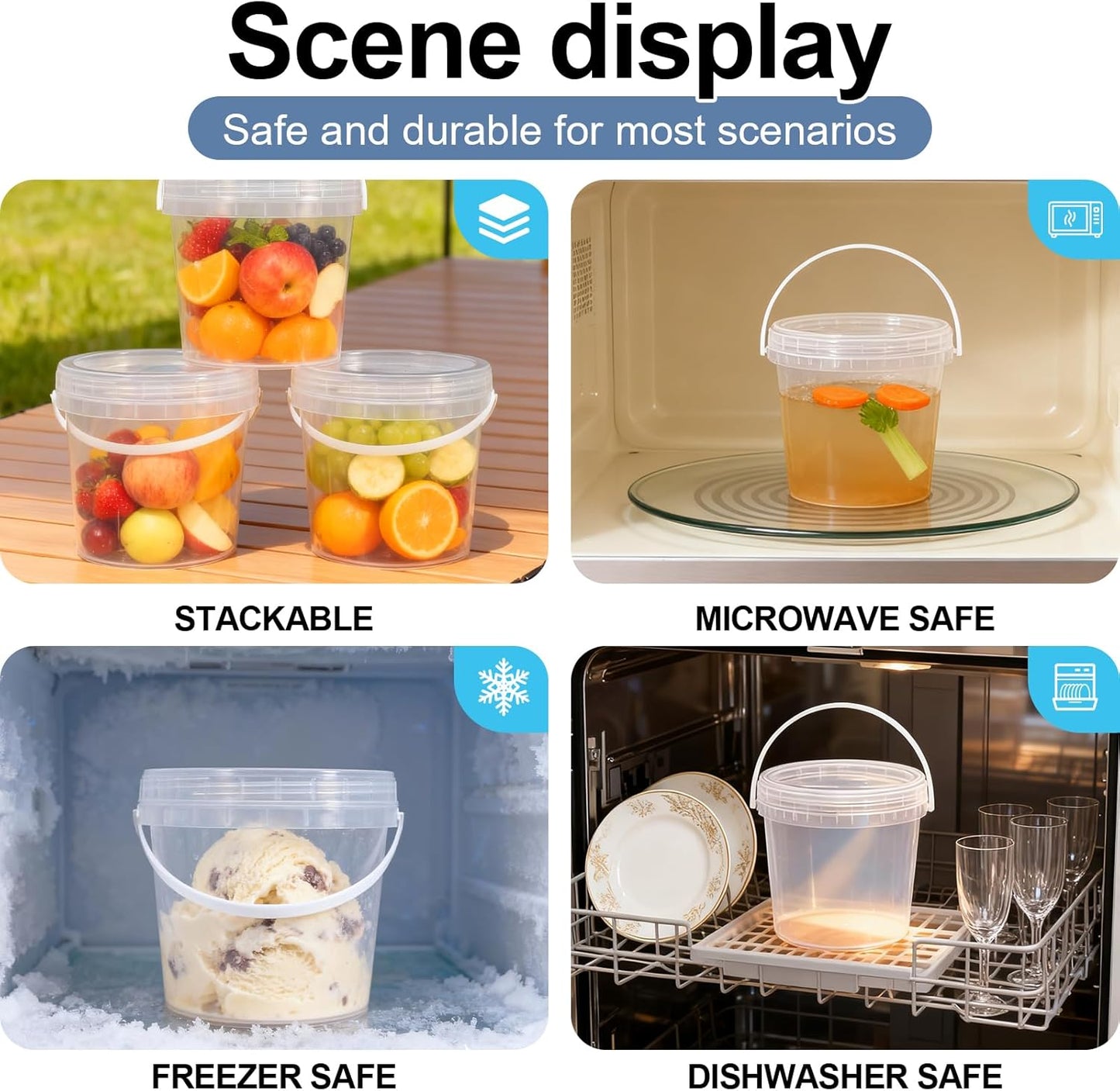 4 Pack 64oz Food Grade Plastic Buckets with Screw Lids & Handle, Reusable Storage Containers for Snacks, Salad, Sauce - Clear Freezer Safe Bucket Set