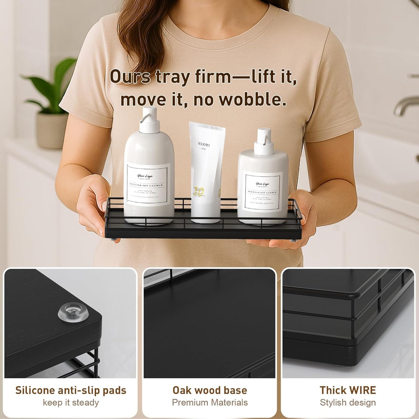 Bathroom Tray for Counter Top Organizer – Oak Wood Vanity Tray with Metal Frame for Dresser, Kitchen, Nightstand – Black Decorative Storage