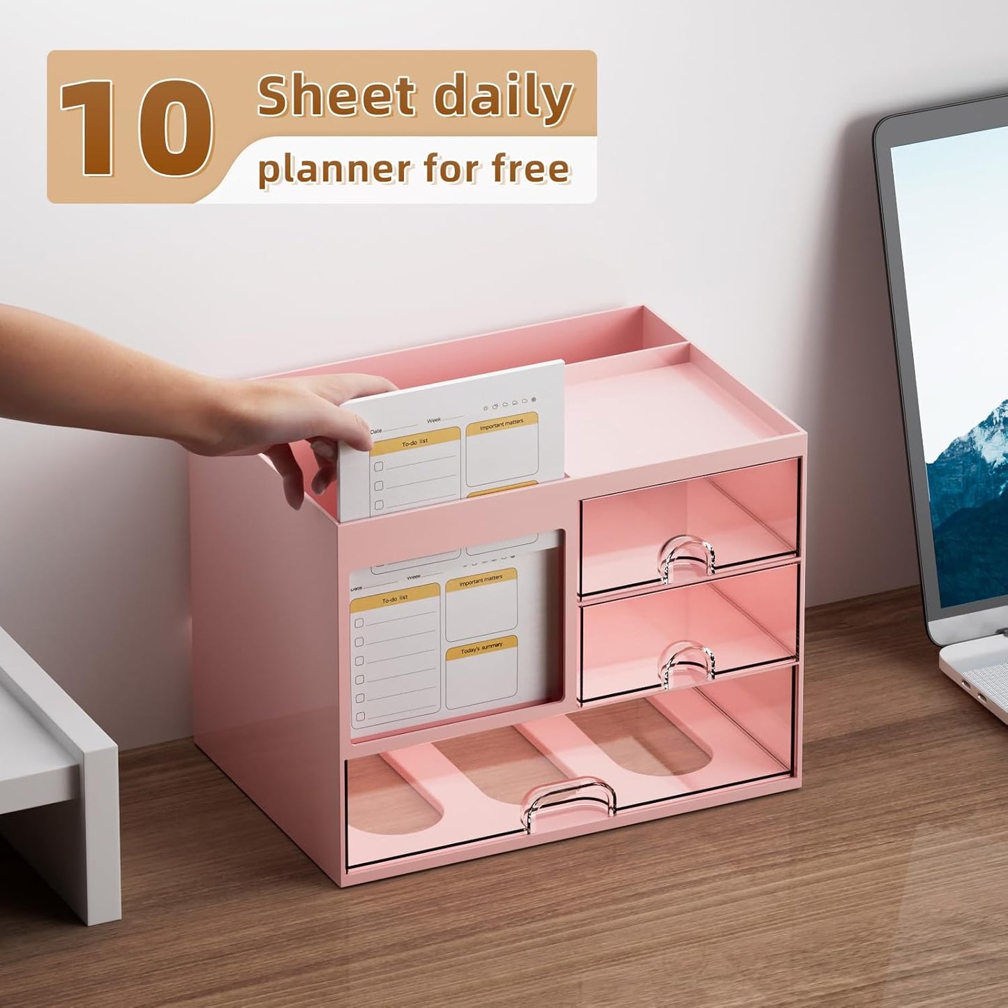 Marbrasse Desk Organizer with 3 Drawer, Multi-Functional Pencil Pen Holder for Desk, Desk Organizers and Accessories with 4 Compartments, Desktop Organizer Storage for Office Home Art Supplies (Pink)