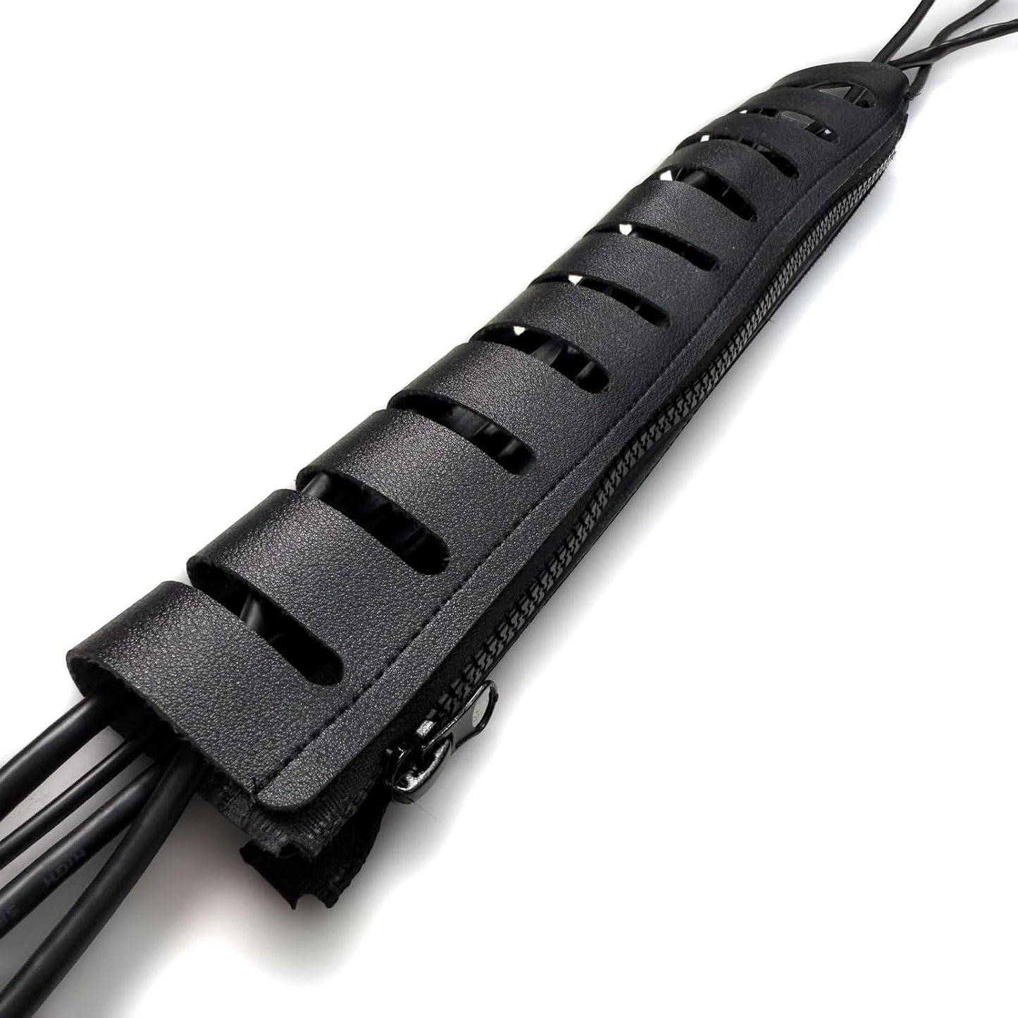 Under Desk Cable Organizer 2-Pack – PU Leather, Zipper Closure with 10 Cable Slots, Tool-Free Mount, Connectable Design for Home and Office Wire Management (Black)