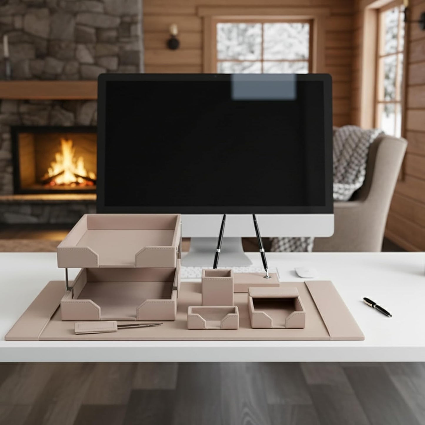 Dacasso Bonded Set Luxury Leather Desk Pad & Desk Organization Essentials, 9 Piece, White Latte