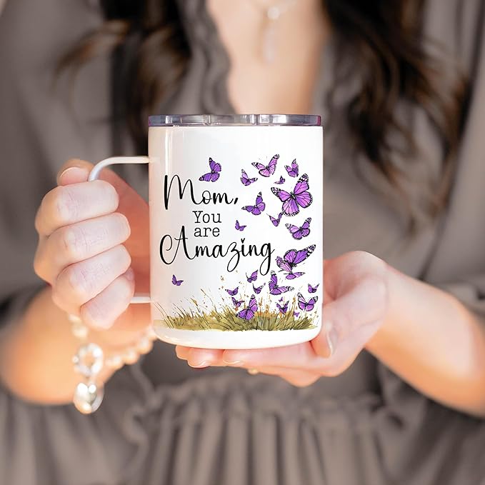 Hyturtle Mom Mug With Lid & Spoon Gifts from Daughter, 12oz Insulated Stainless Steel, Christmas Birthday Gifts for Mom Mother, Unique Purple Butterfly Gifts For Women Gift Coffee Tea Travel Cup