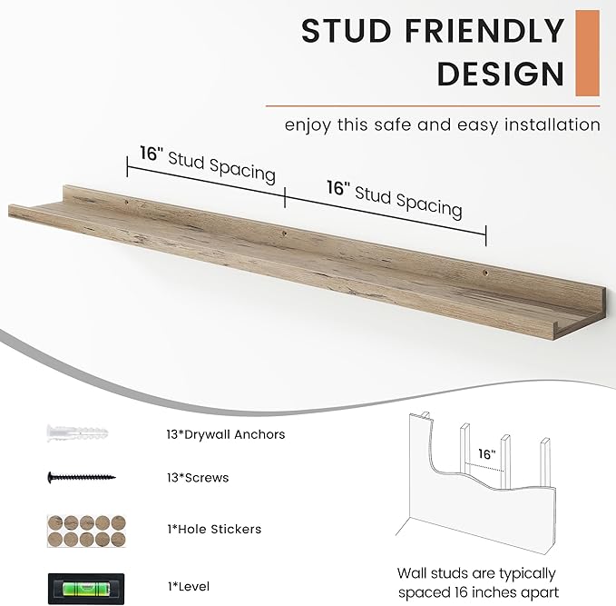 Floating Picture Ledge Shelves Set of 4, 48 Inch Shelves with Lip, Large Nursery Book Shelf for Toys Storage, Kids Bookshelf, Living Room, Bedroom Decor Frames