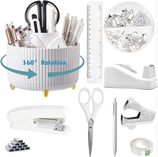 Desk Organizers and Accessories Set with 360-Degree Rotating Pen Holder, Tape Dispenser, Stapler, Staple Remover, 1000 Staples, Tape, Clips Set, Ruler, Scissor, Pen