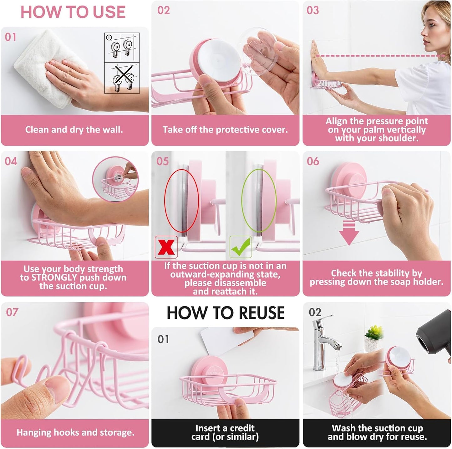 LEVERLOC Soap Holder Dish with Hooks for Shower, Bar Suction Cup Soap Tray Wall Mounted, Rustproof Stainless Steel Sponge Holder Caddy for Bathroom Bathtub Kitchen Sink, Pink