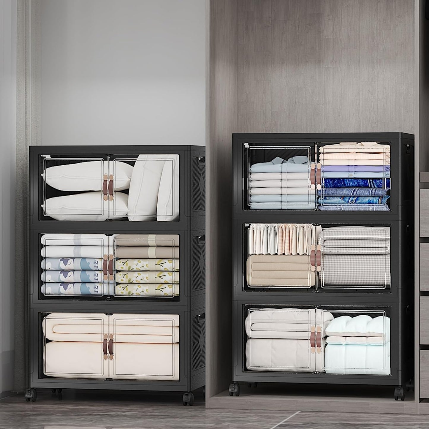 Extra Large Stackable Storage Bins with Lids & Wheels & Door, 960QT-160QT/40GAL*6Pack Foldable Collapsible Closet Organizers, Plastic containers drawers for bedroom Dorm