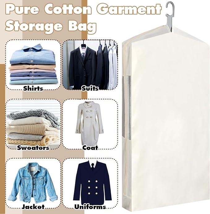 Aliceset 3 Pack Pure Cotton Garment Storage Bag for Hanging Clothes 24 x 40 Inch Breathable Garment Cover Canvas Suit Bags for Closet Storage Short Dresses Suits Gowns