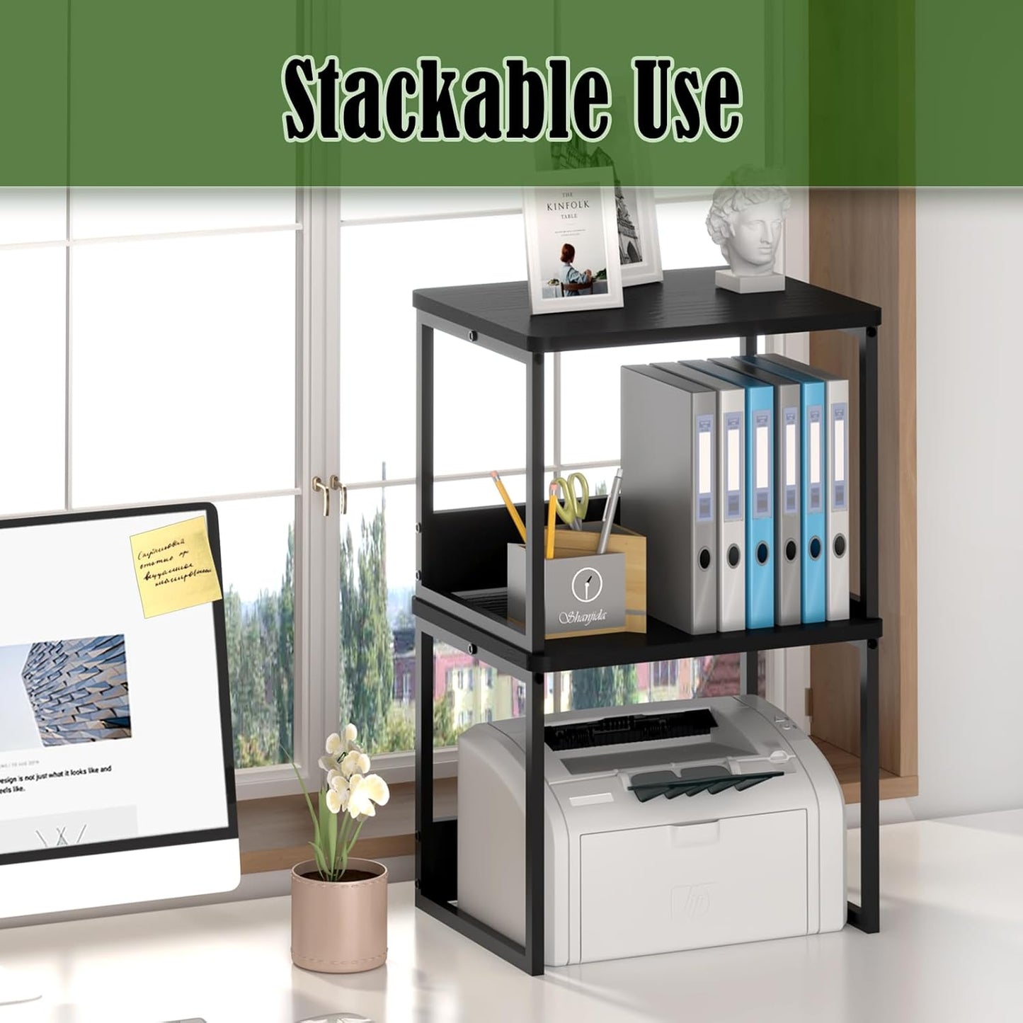 MARTY Desktop Printer Stand 2 Pack Printer Stand with Storage for Desk, Shelf Organzier for Home/Office Printer Riser Under Desk Small Table for Fax Machine Scanner(Black)