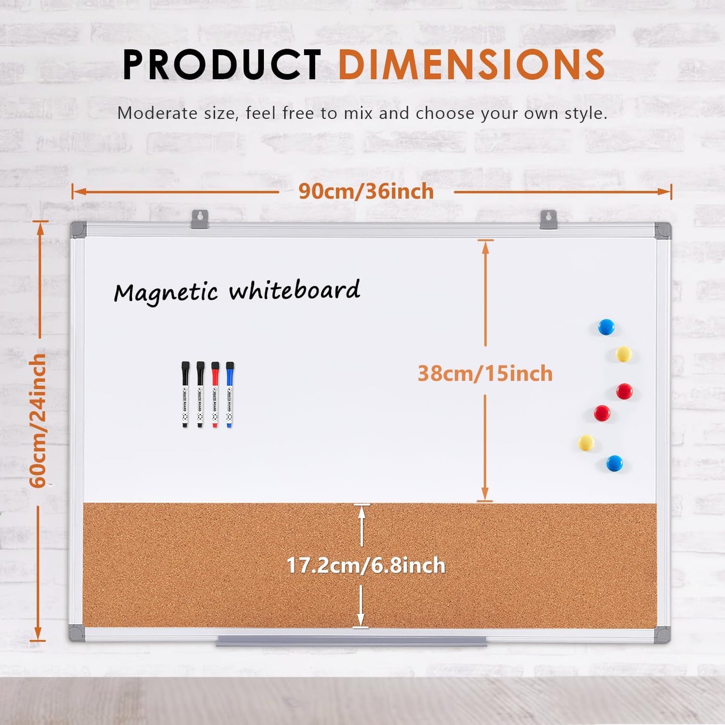 S SWANCROWN Magnetic Dry Erase and Cork Board Combo Hanging Whiteboard Notice Board for Wall Gift Home School Office, 36 x 24 Inches, with Maker/Pins/PenTray/Hooks