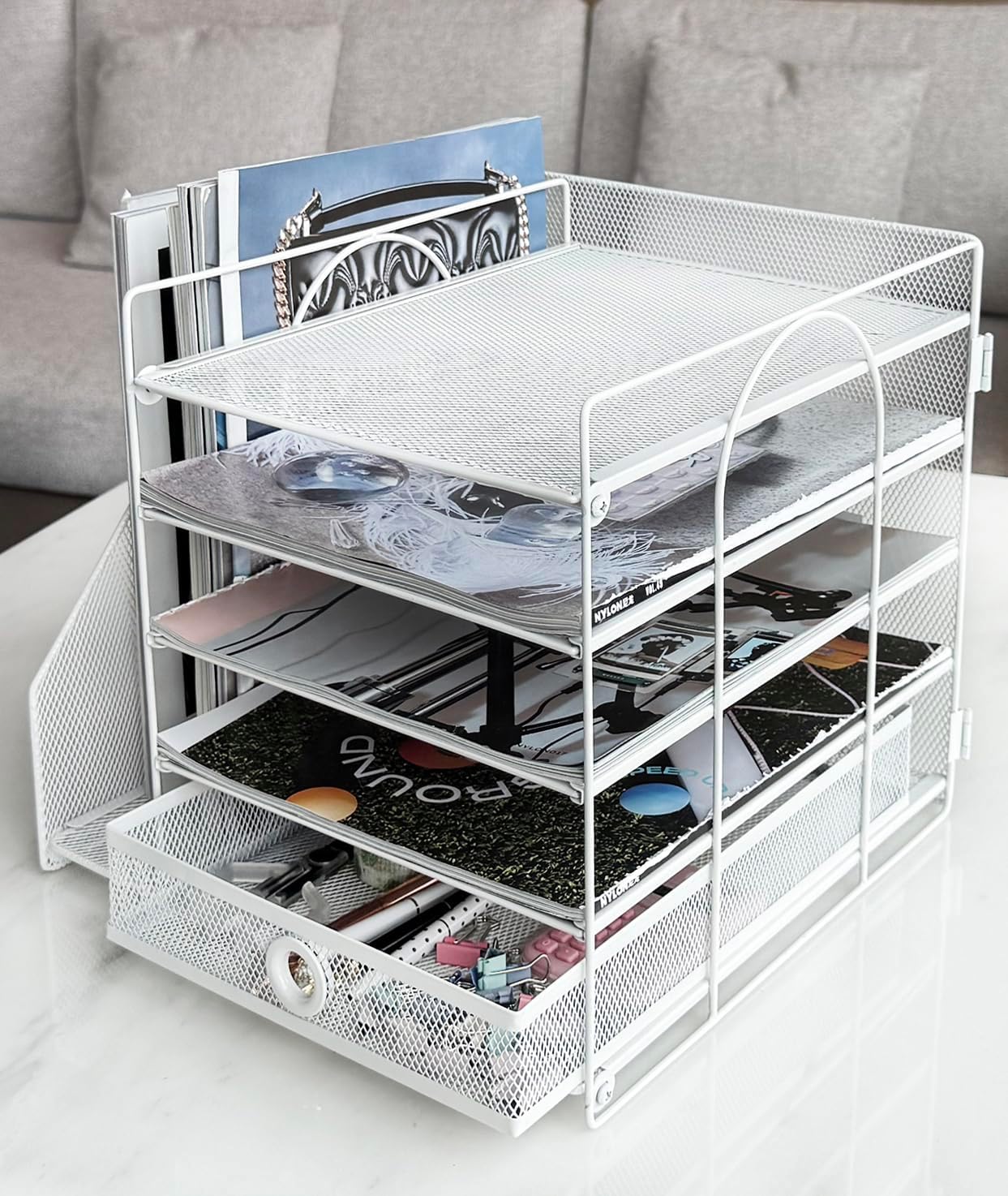 5-Tier Paper Letter Organizer with File Holder, Desk Organizer with Drawer, Mesh Desktop Storage with Magazine Holder for Office Supplies (White)