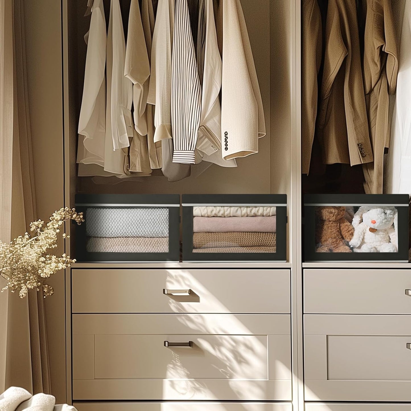 Storage Boxes with Lids - 5 Pack Foldable Clear Window Storage Bins, Large Decorative Storage Bins with Handles, Storage Containers for Clothes, Towel, Blanket, Sheet, Black