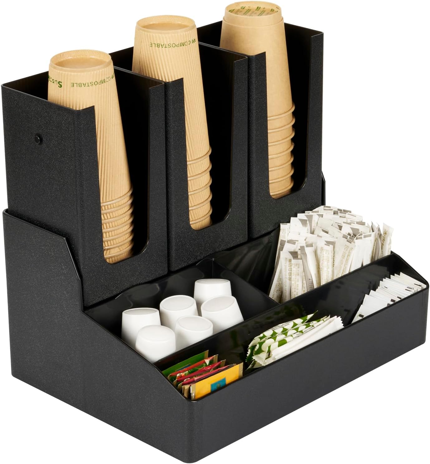 Restaurantware Restpresso Coffee Bar Organizer, 1 Count Durable 6 Compartments, Compact Size, Black Plastic Tabletop Coffee Supplies Organizer For Homes, Office Spaces, Breakrooms, and Lounges