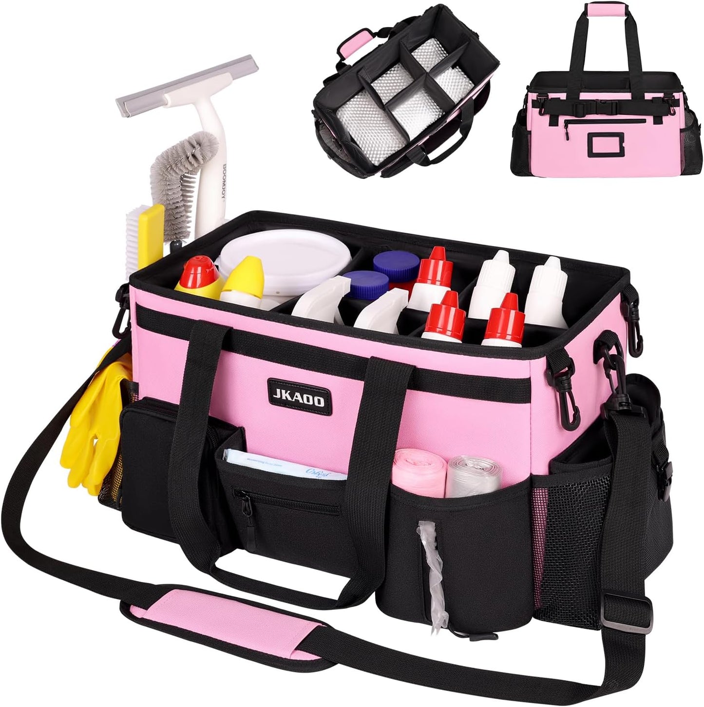 Large Wearable Cleaning Caddy Bags,Cleaning Supplies Storage Bag with Handles and Adjustable Shoulder Strap and Removable Waist Straps,Waterproof Cleaning Bags for Home,Car,Office (Pink)