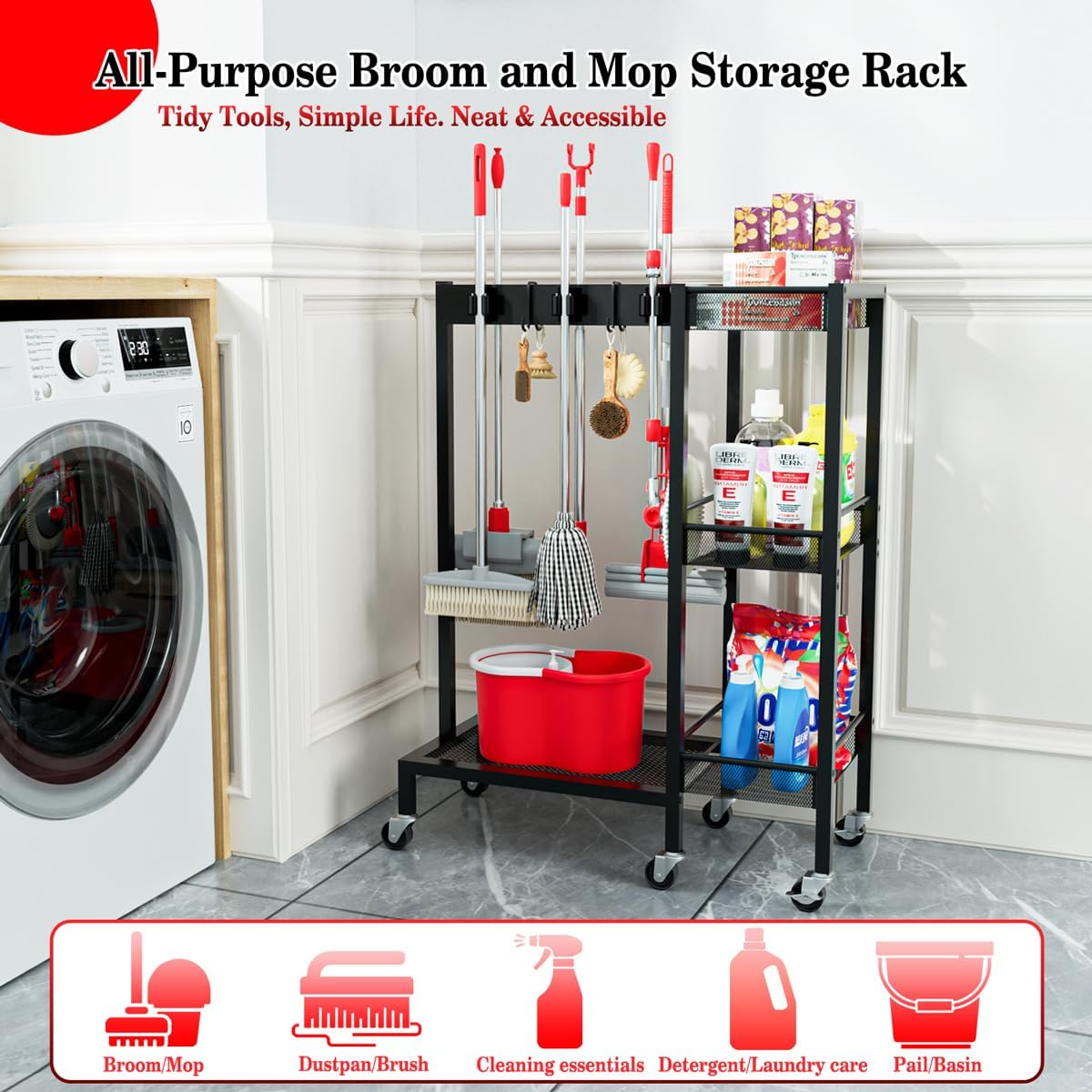 Broom and Mop Holder with Wheels, Large Capicity Cleaning Supplies Organizer with 3-tier Storage Shelf, Cleaning Rack with Hanger Grippers Hooks, Narrow Housekeeping Rack for Laundry Room Garage
