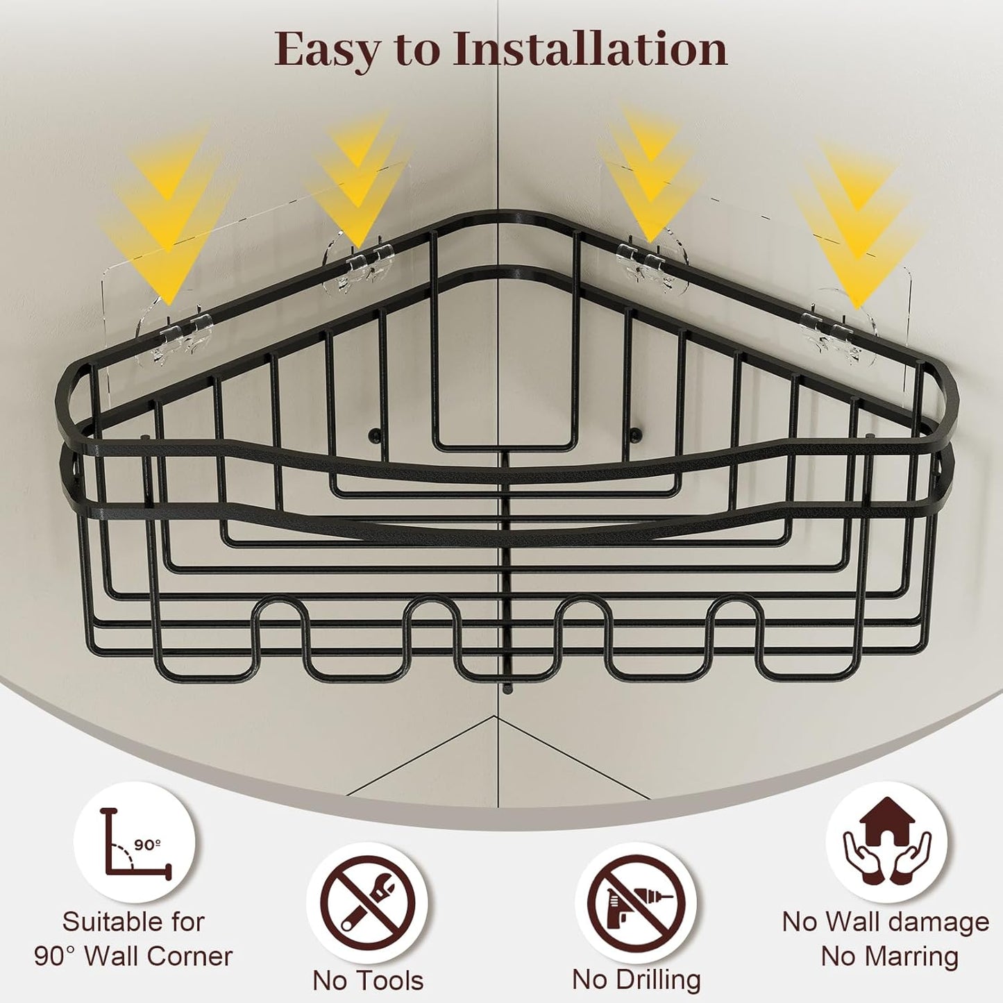 Black corner shower caddy with depth caddy and Built in 12 hooks rustproof wall mounted No drilling No marring adhesive bathtub corner storage for bathroom kitchen and laudry room