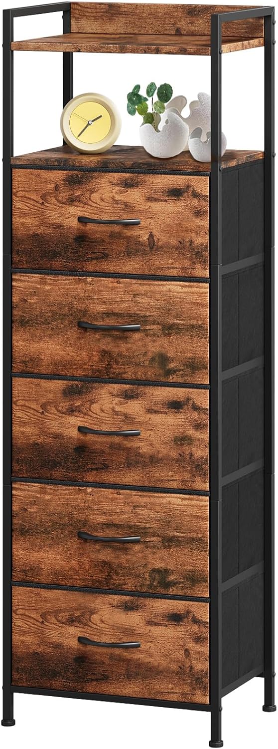 Somdot Tall Night Stand for Bedroom,Tall 5 Drawers Dresser, Vertical Storage Tower Unit, Nightstand Furniture with Fabric Drawer Organizer in Bedside Kids Room, Laundry Entryway, Wood Grain Print