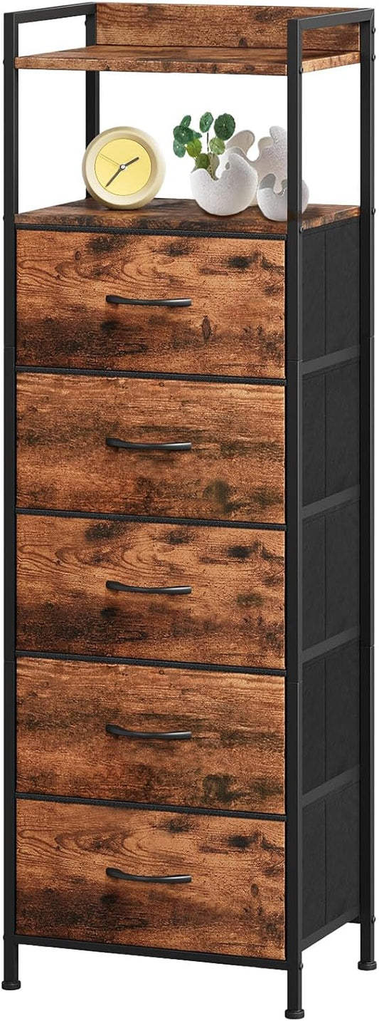 Somdot Tall Night Stand for Bedroom,Tall 5 Drawers Dresser, Vertical Storage Tower Unit, Nightstand Furniture with Fabric Drawer Organizer in Bedside Kids Room, Laundry Entryway, Wood Grain Print