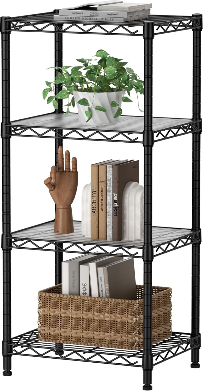 SINGAYE 4 Small Shelves Storage Shelf Wire Shelving Unit Metal Shelf Adjustable Organizers Storage Shelving with Wheels for Bathroom Laundry Room Kitchen Pantry11.5”D x 17.3”W x 44.5”H Black