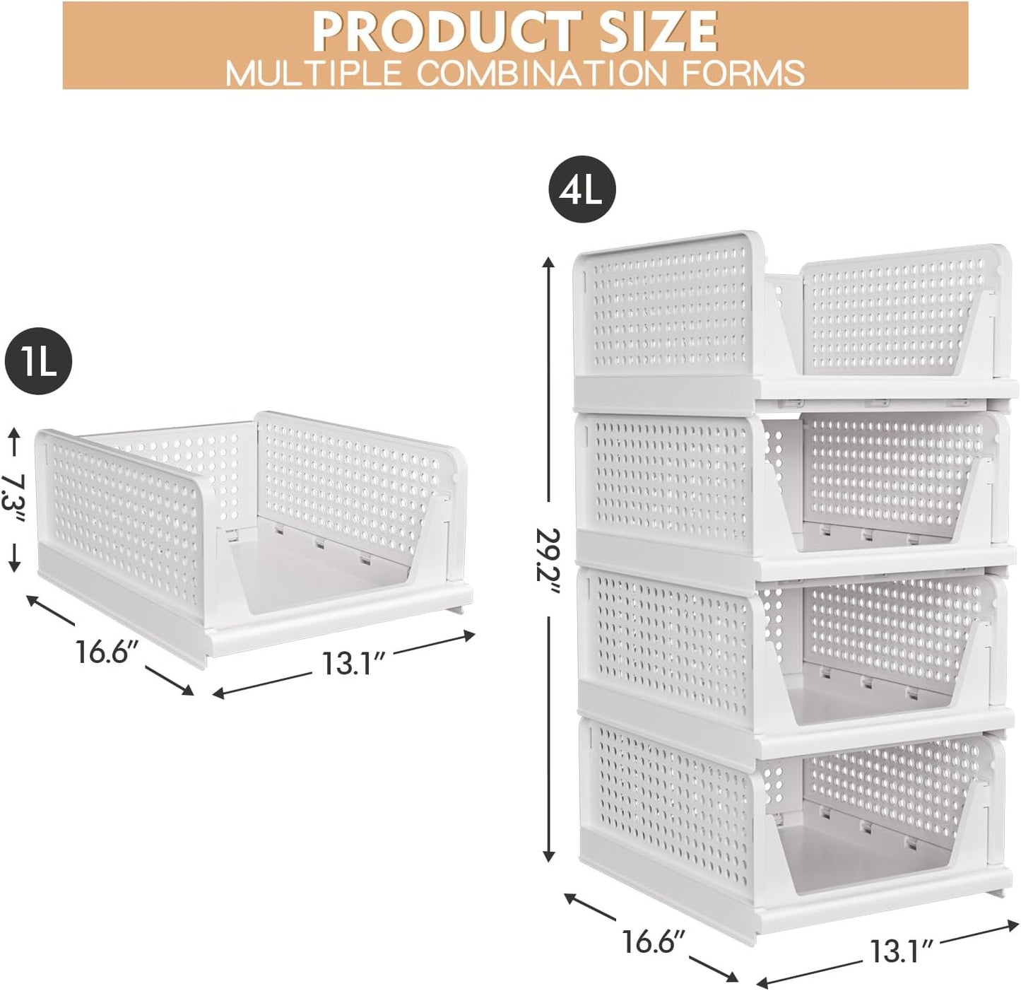 4 Pack Stackable Closet Storage Basket - Stackable Storage Bins, Multifunctional & Foldable Closet Organizer, Wardrobe Cupboard Space-Saving Clothes Storage Hat Organizer, White
