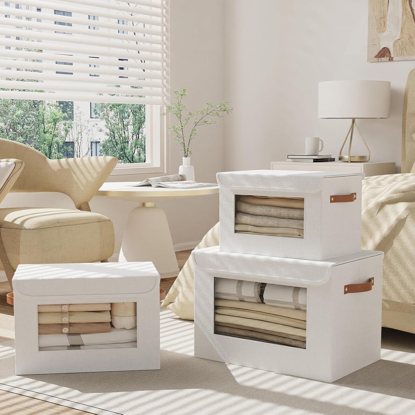 Storage boxes, Blanket Baskets for Shelves with Lids, Fabric Cubes with Handles, Decorative Linen Closet Organizers Bins, White, 15 x 9.8 x 9.8 inch, 3-Pack