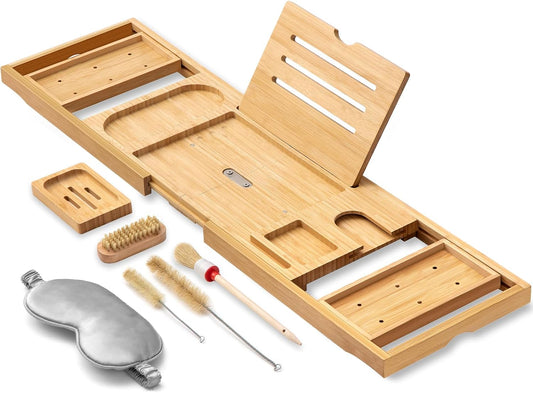 AUTODECO Bathtub Tray, Bamboo Bath Tray for Tub, Expandable Bath Tray with Bamboo Book Stand, Soap Tray, Bathtub & Bathroom Accessories Perfect for Home Spa, Natural Colour