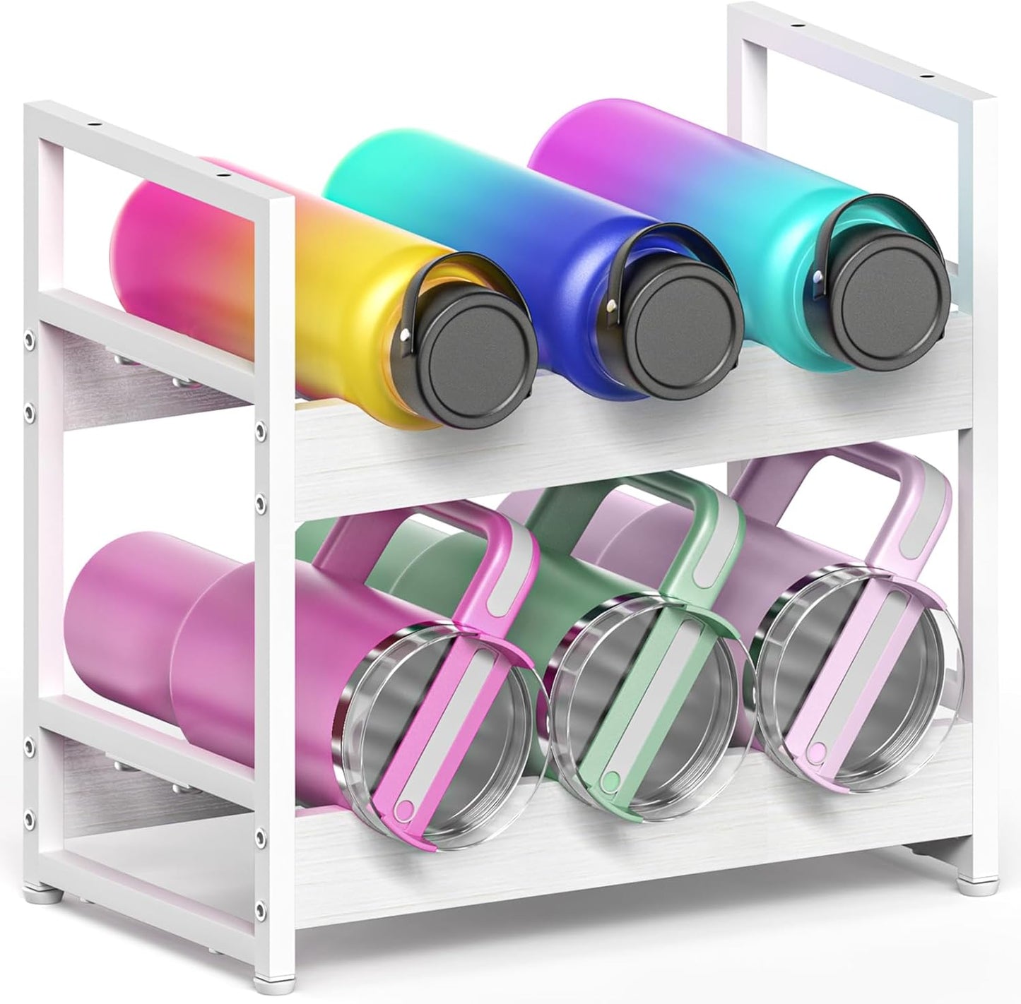 Wooden Water Bottle Organizer, 20/30/40oz Tumbler Organizer, Bottle Holder for Owala/Yeti/Stanley, Kitchen Pantry Water Bottle Storage Rack for Cabinets, Wood Wine Rack, 2 Tier Hold 6