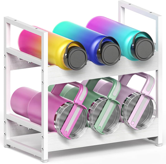 Wooden Water Bottle Organizer, 20/30/40oz Tumbler Organizer, Bottle Holder for Owala/Yeti/Stanley, Kitchen Pantry Water Bottle Storage Rack for Cabinets, Wood Wine Rack, 2 Tier Hold 6