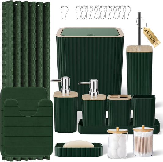 Bathroom Accessories Set - 25PC Green Bathroom Set, Bathroom Set with Shower Curtain and Rugs, Green Shower Curtain Set, Toilet Brush, Bathroom Trash Can