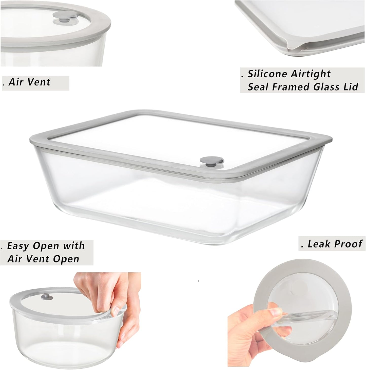 Glass Food Containers with Glass Lid, Microwave Safe Food Storage Container Set, 3 Pack of Large Size, Food Storage Containers with Lids, Meal Prep containers with Leak Proof Lid.