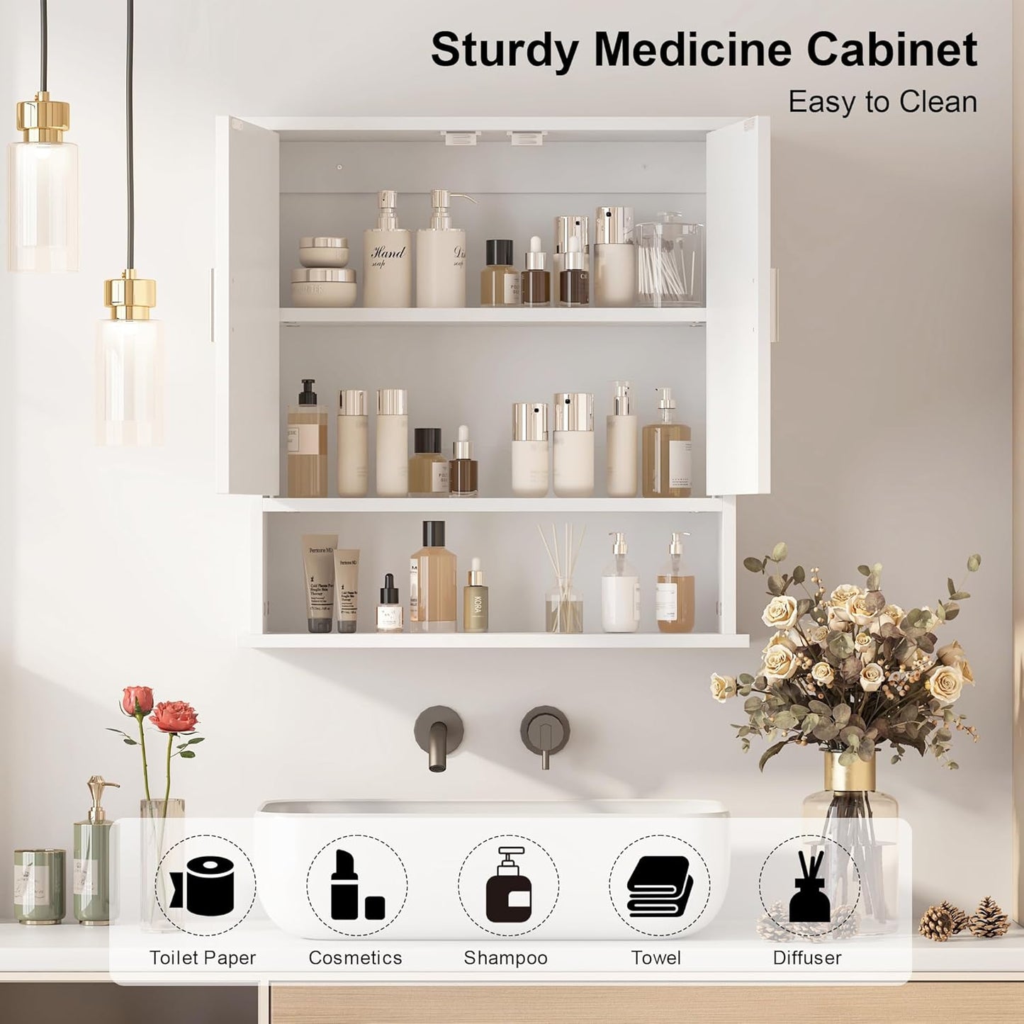 Medicine Cabinet for Bathroom,2 Doors White Bathroom Wall Cabinet with Oval,Over Toilet Storage Cabinet for Laundry Room/Kitchen/Living Room,Surface Mount Medicine Cabinets 23x24
