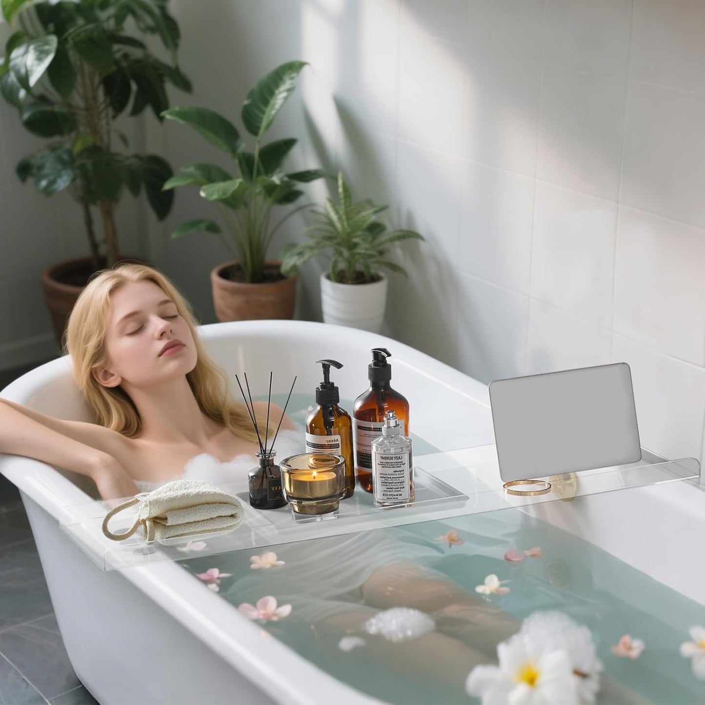 Clear Bathtub Tray Caddy, Bath Tub Rack Shelf, Luxury Bathroom Organizer Tablet Holder, Acrylic SHUNLI