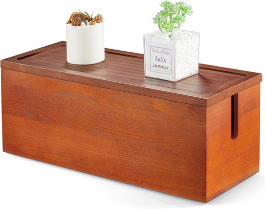 Large Cable Management Box, Wooden Cord Organizer Box for Desk, Floor, Office to Hide Extension Cords Power Stripes Surge Protectors Chargers Wires, Red Brown