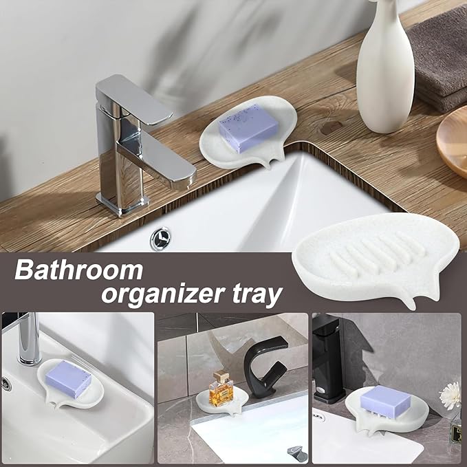 Soap Dish with Drain- Self Draining Bar Soap Holder for Shower, Marble Look Soap Savers Soap Tray Sponge Holder for Kitchen, Bathroom, Bathtub Sink, Crystal White