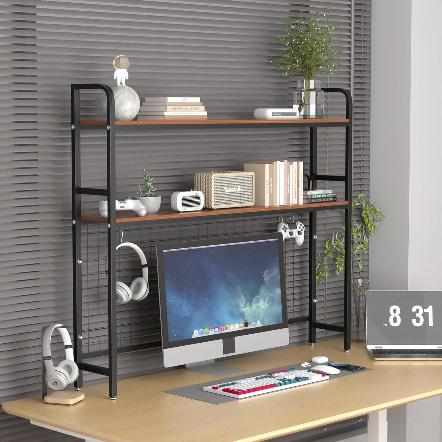 GCCSJ Bookshelf for Desk，2-Tier Desktop Bookshelf Organizer，Multifunctional Desktop Bookcase with Metal Frame & Wood Shelves，Perfect for Organizing Books, Magazines, Office Supplies - Brown