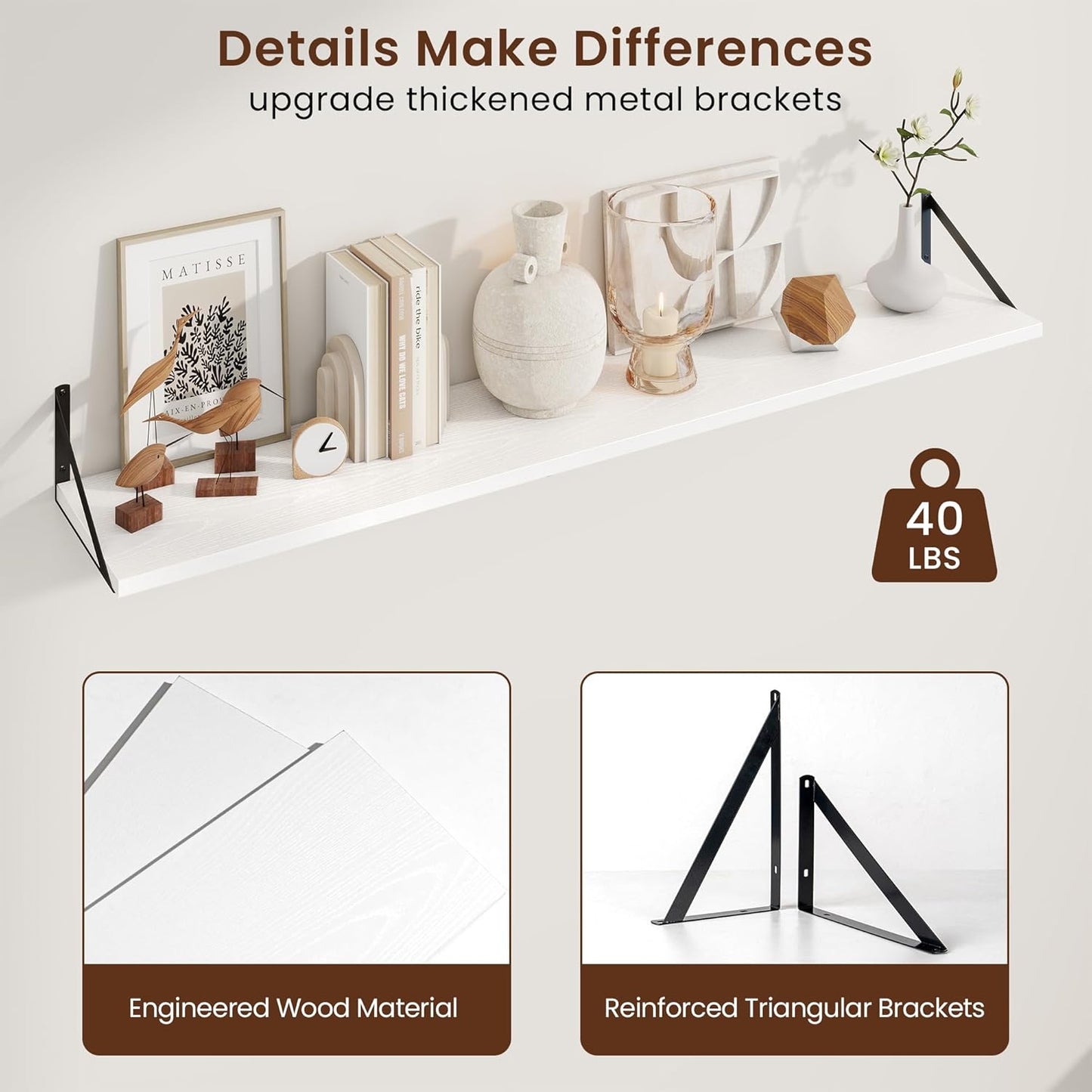 Axeman Deep Floating Shelves for Wall - 55 Inch Wide x 10 Inch Deep White Floating Shelves Set of 2 - Wide Wall Shelves for Living Room Bathroom Bedroom