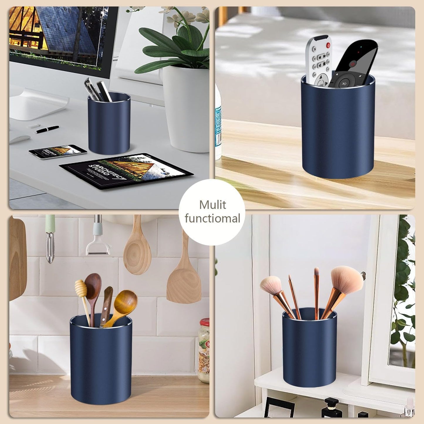 Pen holder, aluminum alloy waterproof pen holder, desktop simple and modern minimalist, multifunctional office supplies for families, kids and schools (blue)