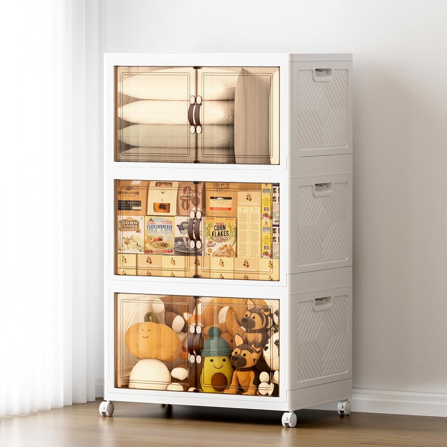 JEKO&JEKO 400Qt Stackable Storage Bins with Lids and Wheels, Foldable Collapsible Plastic Boxes for Clothes, Home, White, 3 Pack