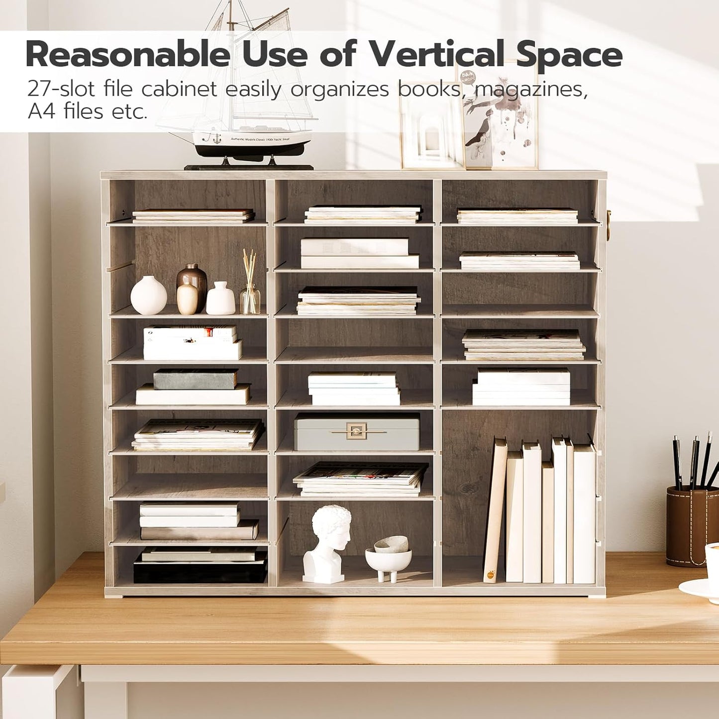 HOOBRO Literature Organizer, 27 Compartments Wooden Mail Organizer, Countertop Literature Sorter with Adjustable Shelves for Home, Office, School, Student Mailbox for Classroom, Greige BG27WF01