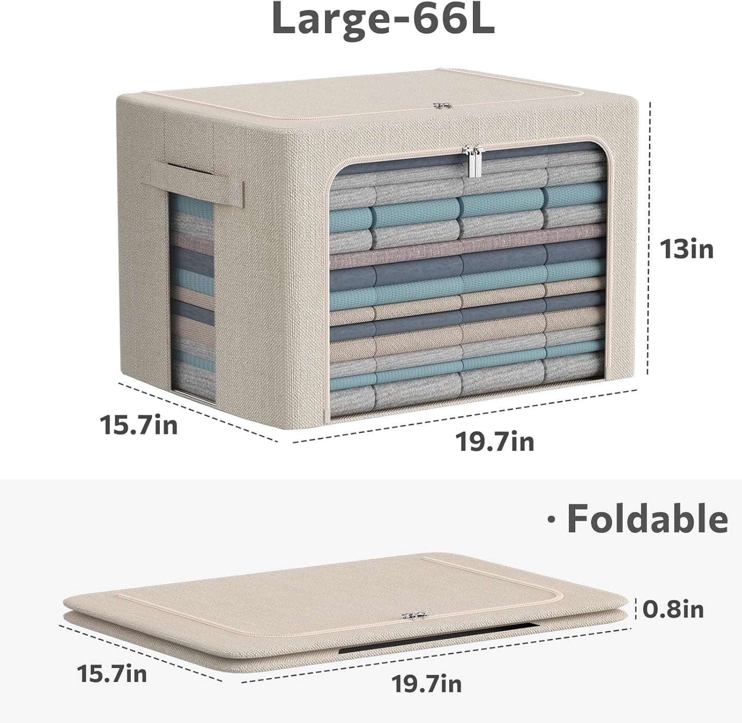 3Pack Foldable Storage Bins - Frame Storage Box Linen Fabric Stackable Clothes Container Organizer with Clear Window & Carry Handles Large Capacity (Large-66L, Beige)