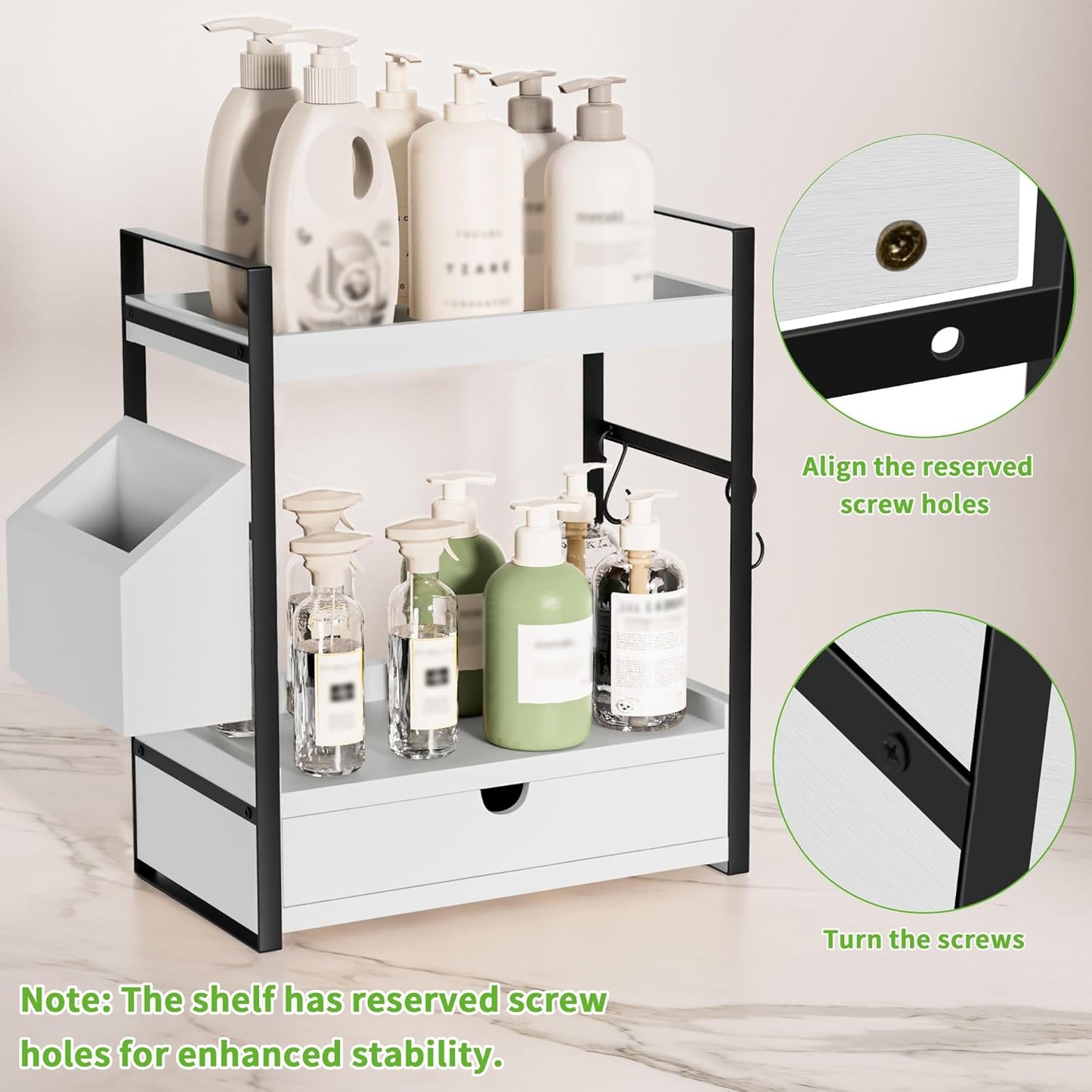 2-Tier Bathroom Counter Organizer with Drawer and Basket, Wood Countertop Organizer for Storage, Skincare Organizers for Vanity, Counter Shelf for Bathroom Organization,White