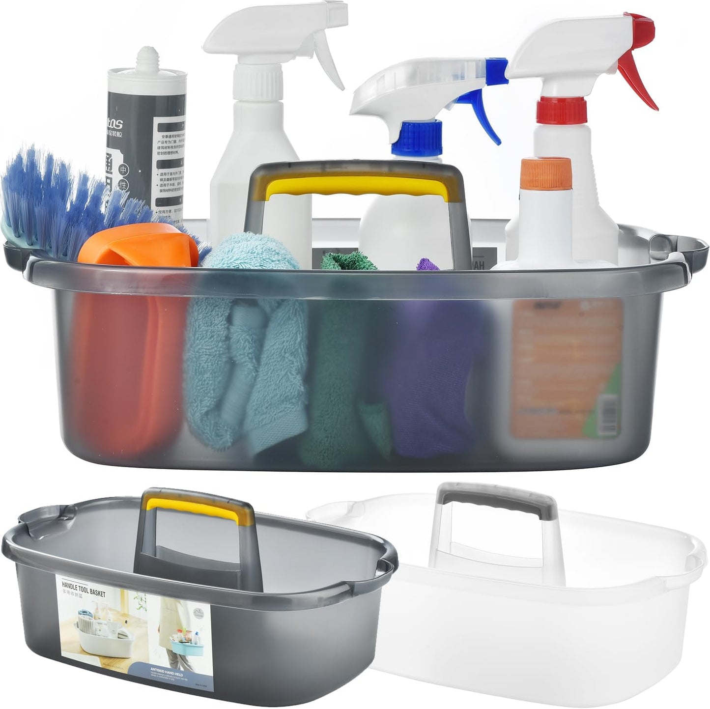Large Cleaning Caddy with Handle, Cleaning Tool Storage Basket Organizer, Sturdy Pail Bucket Organizer, Household Bucket for Cleaning Supplies - Clear Grey