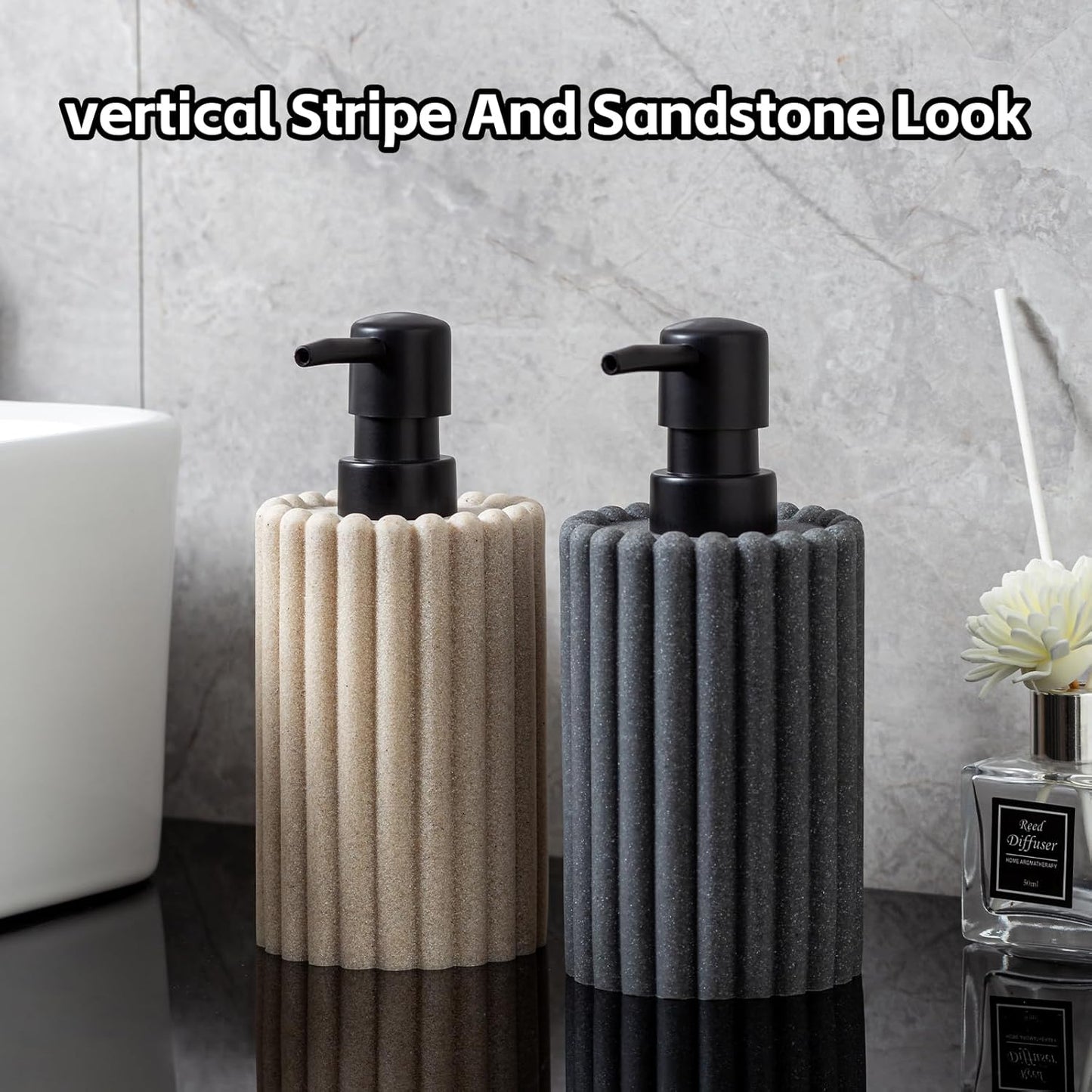 Soap Dispensers 350mL 11.84 OZ, 2 PCS Luxurious Hand Dish Lotion Shampoo Soap Dispenser Jar, Natural Stone Look Soap Pump Bottles for Kitchen Bathroom Countertop (Beige)
