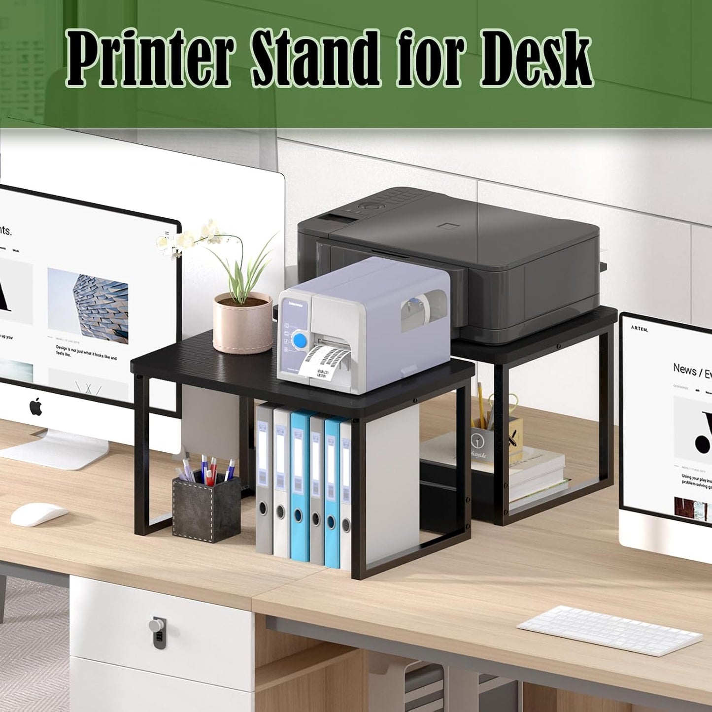 MARTY Desktop Printer Stand 2 Pack Printer Stand with Storage for Desk, Shelf Organzier for Home/Office Printer Riser Under Desk Small Table for Fax Machine Scanner(Black)