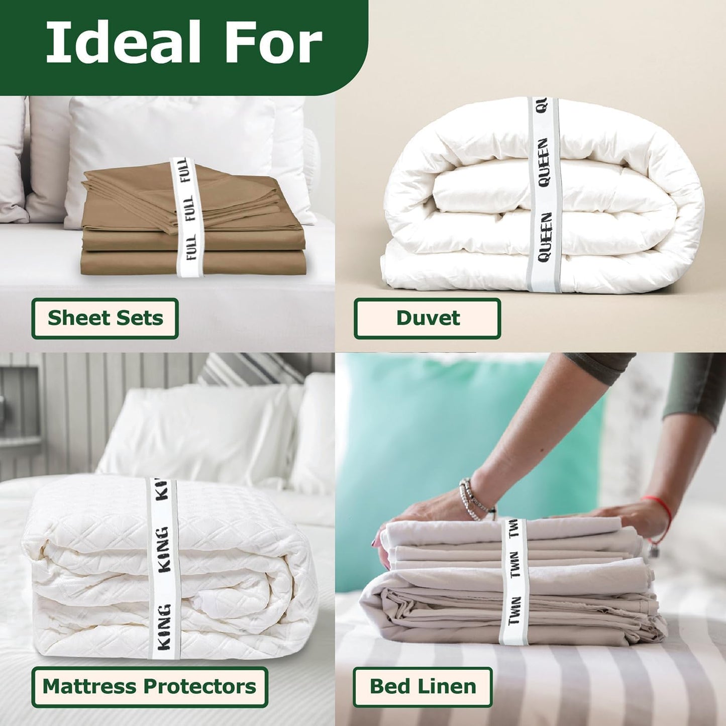 ECOHomes Bed Sheet Organizer and Storage Size Label Bands | Bed Sheets Set Organizers for Linen Closet Organization - Elastic Bedding Band Labels for Organizing Bedsheet (Twin 4PCs Pack | White)