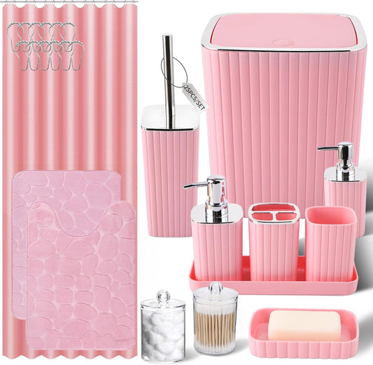 Bathroom Set with Shower Curtain and Rugs- 25PC Pink Bathroom Accessories, Shower Curtain Set, Toilet Brush, Trash Can, Qtip Holder Dispenser & Soap Dispenser
