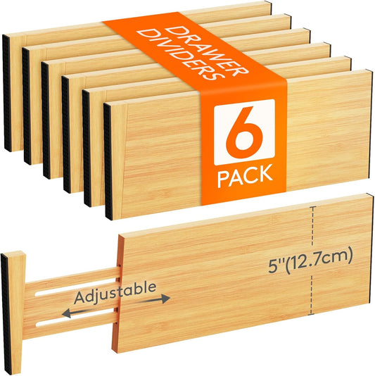 Lifewit 6 Pack 5" Deep Bamboo Drawer Dividers, 13-16.5" Expandable Drawer Organizers for Clothes, Adjustable Dresser Drawer Divider, Clothing Drawer Separators for Dresser, Bedroom, Bathroom, Kitchen