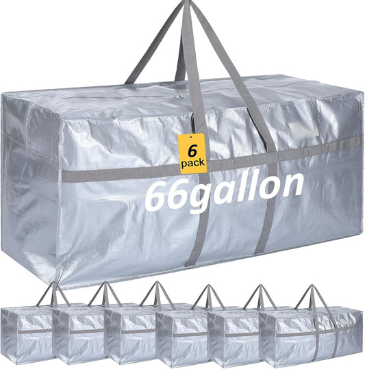6 Pcs 66 Gallon Large Moving Bags with Zipper and Handles Foldable Storage Duffle Bags Heavy Duty Extra Large Totes for College Dorm Travel Clothes Blankets Bedding Moving (Silver)